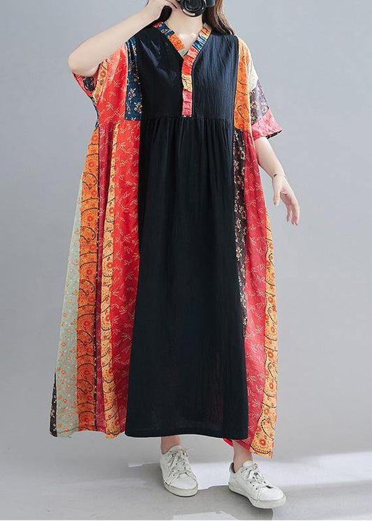 DIY Red Print Tunic V Neck Patchwork Spring Dresses - SooLinen