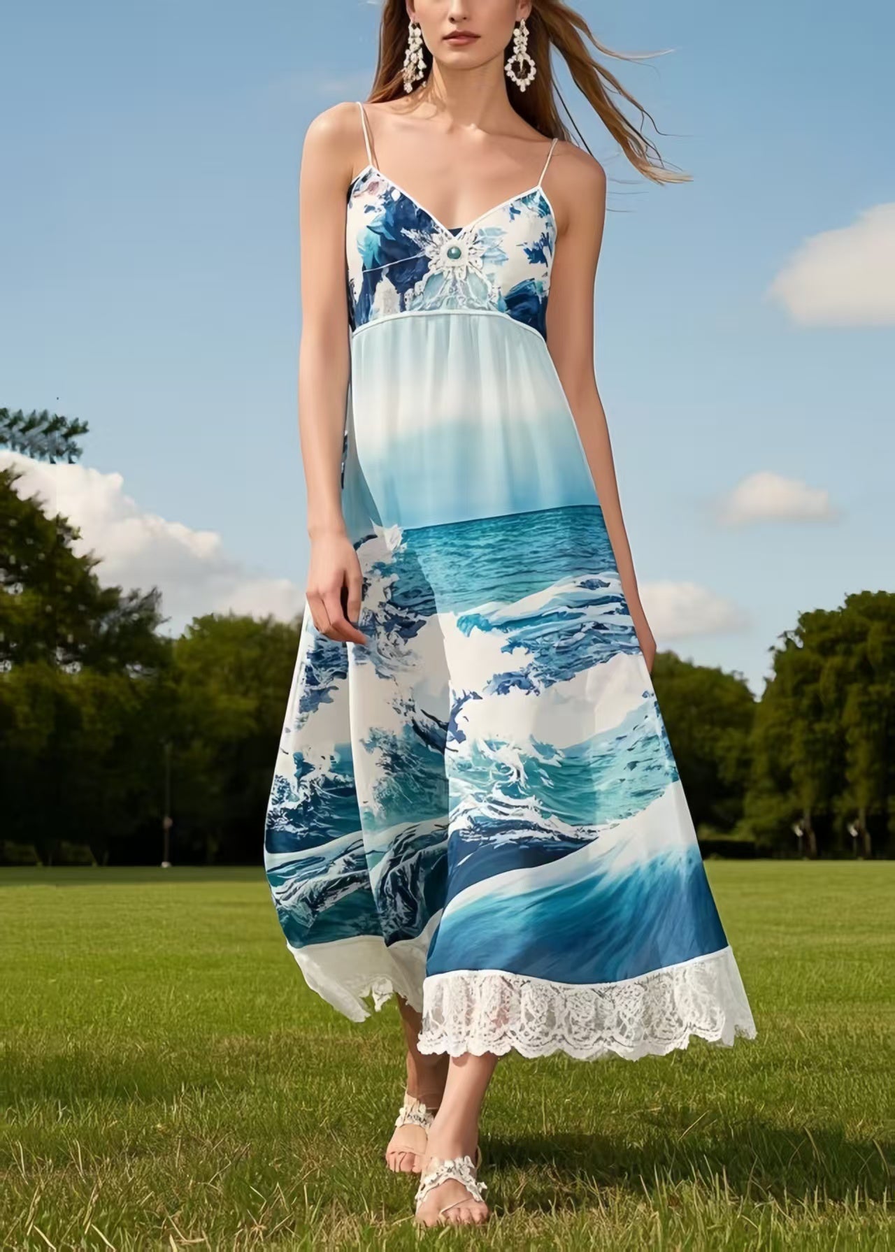 DIY Sea Blue Print Lace Patchwork Chiffon Sundress Summer