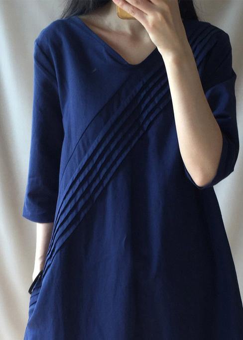 DIY V Neck Half Sleeve Long Shirts Neckline Navy Traveling Dress - SooLinen