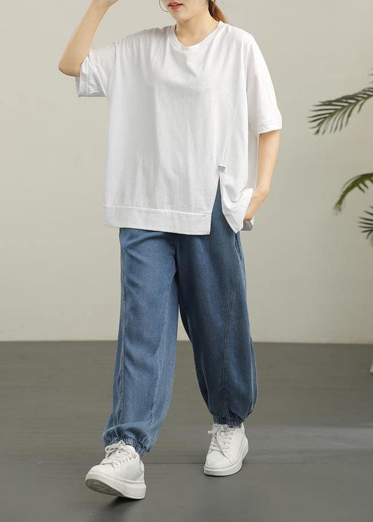 DIY White O-Neck Cotton Summer T Shirts - SooLinen