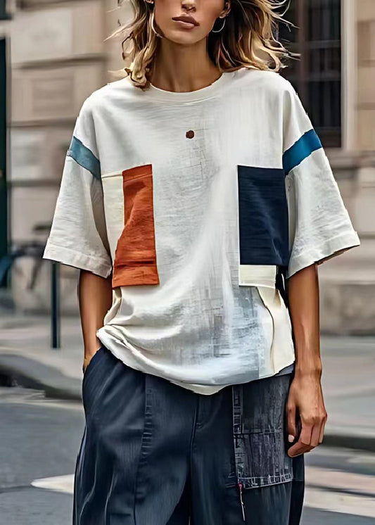 DIY weiße übergroße Patchwork-Applikation Leinen Tops Sommer