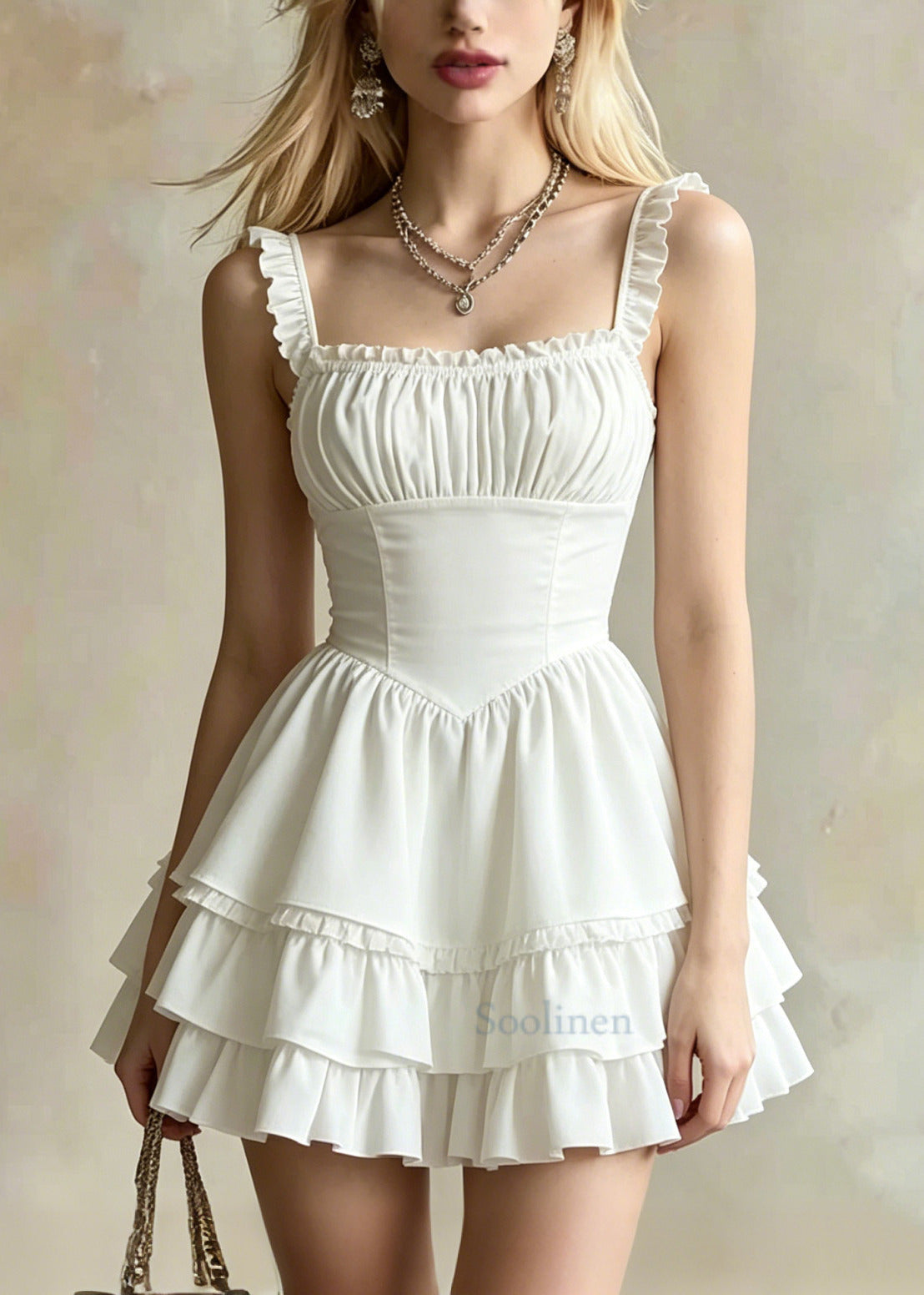 DIY White Ruffles Layered Cotton Mini Dress Summer