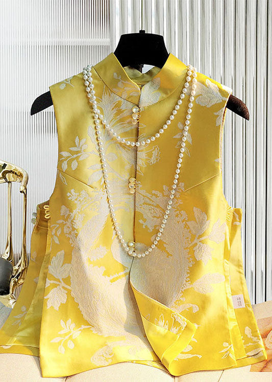 DIY Gelb Stehkragen knopfseite offen Jacquard Satin weste Frühling