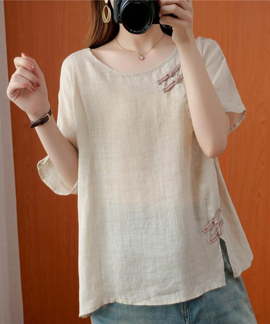 DIY beige blouses for women o neck Chinese Button blouses - SooLinen