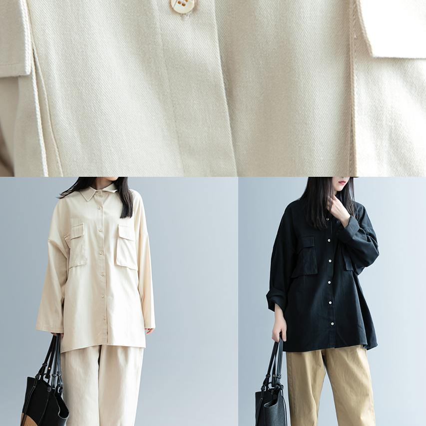 DIY beige clothes For Women lapel pockets Knee shirt - SooLinen