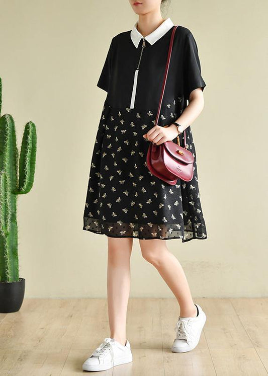 DIY black Bee print lapel patchwork short summer Dress - SooLinen