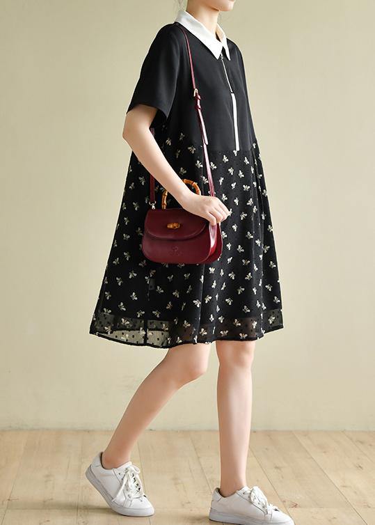 DIY black Bee print lapel patchwork short summer Dress - SooLinen