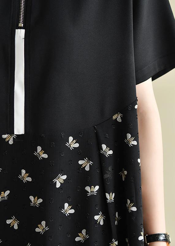 DIY black Bee print lapel patchwork short summer Dress - SooLinen