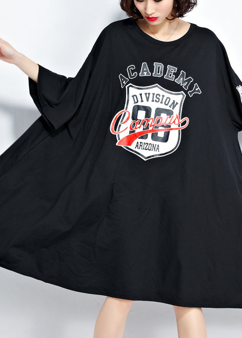 DIY schwarze Baumwolltuniken Damen Muster O-Ausschnitt asymmetrisches Knie Sommerkleid