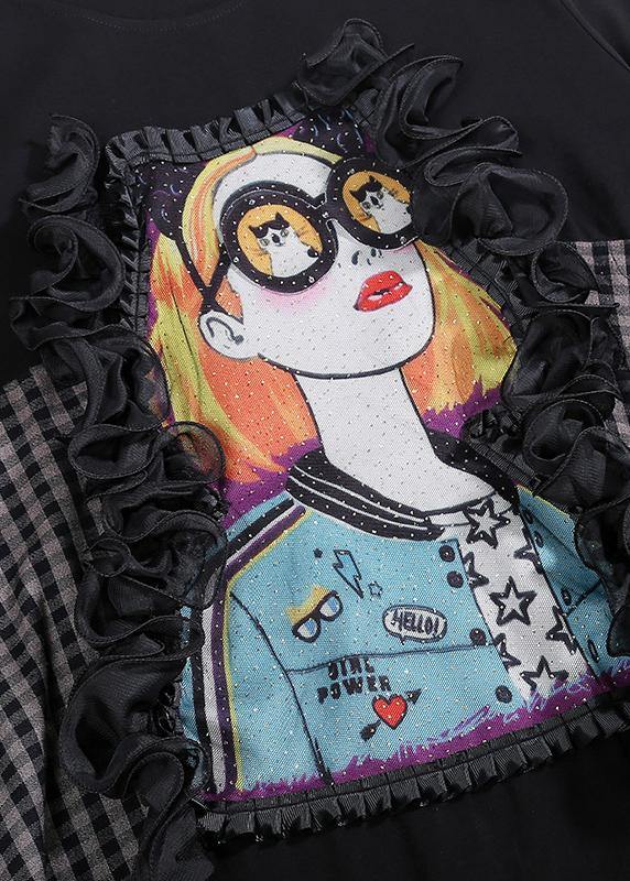 DIY black cotton Tunic girl prints Art patchwork Dresses - SooLinen