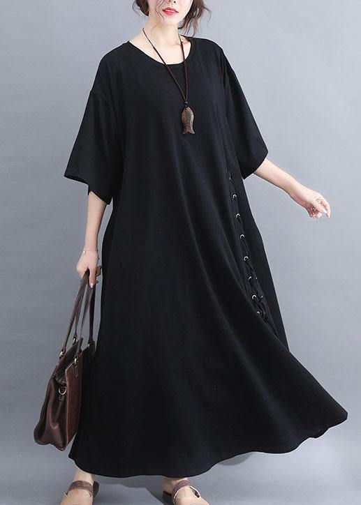 DIY black half sleeve cotton quilting dresses big hem summer Dresses - SooLinen