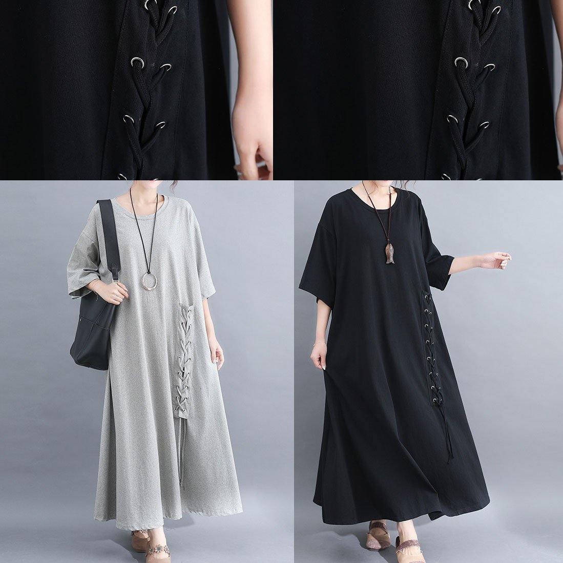 DIY black half sleeve cotton quilting dresses big hem summer Dresses - SooLinen