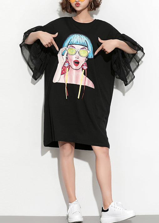 DIY schwarz bedruckte Baumwolltuniken, lustige Inspiration, Rundhalsausschnitt, Schmetterlingsärmel, tägliches Sommerkleid