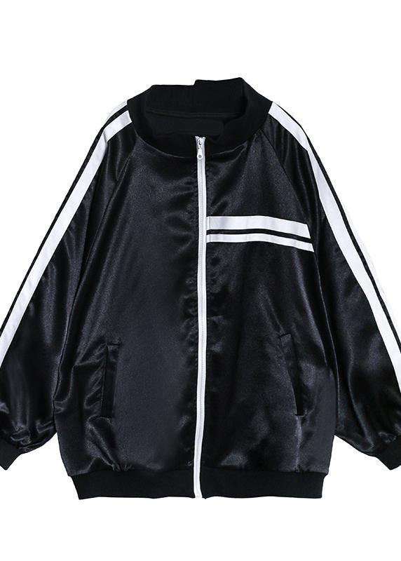 DIY black striped Fine tunic pattern Inspiration stand collar zippered outwear - SooLinen