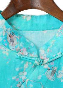 DIY blue print linen Robes stand collar Chinese Button Love summer Dress - SooLinen