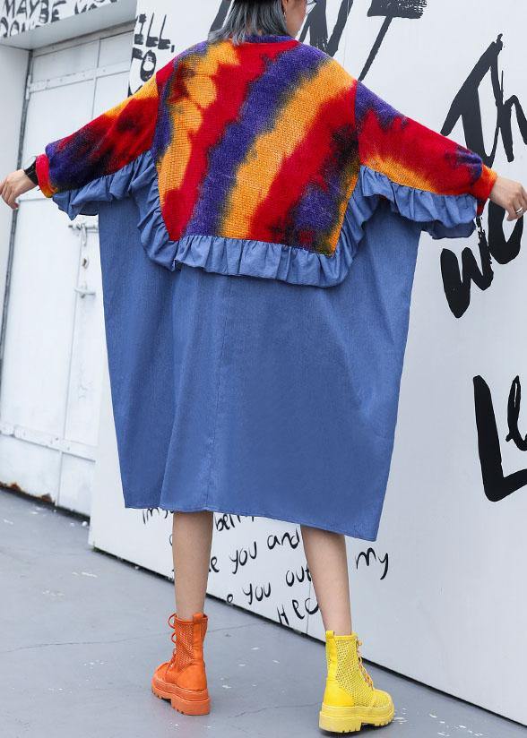 DIY blue ruffles cotton dresses patchwork Plus Size fall Dresses - SooLinen