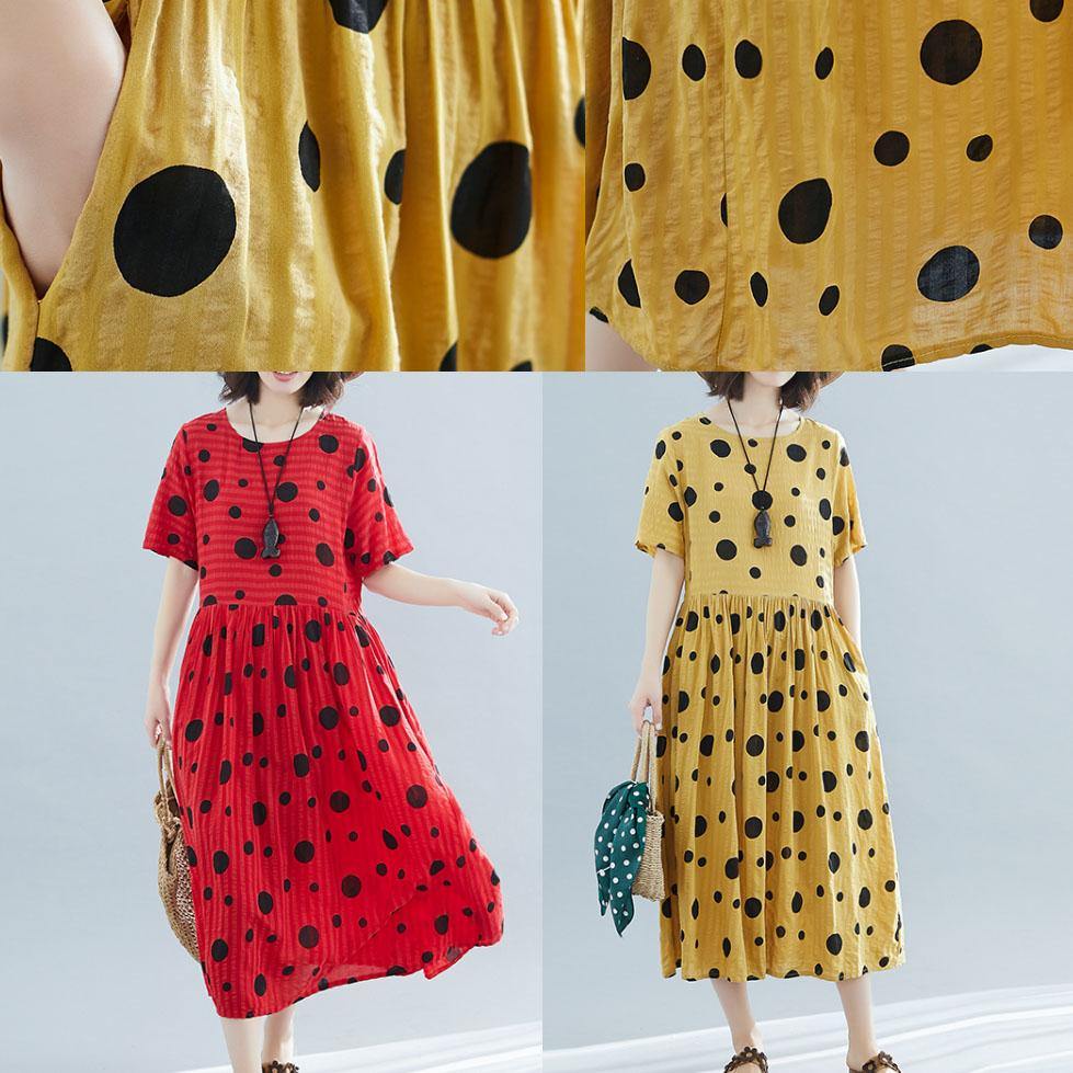 DIY dotted short sleeve linen tunic dress Shirts yellow o neck Dresses summer - SooLinen