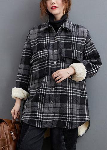 DIY gray plaid clothes lapel pockets baggy shirts - SooLinen