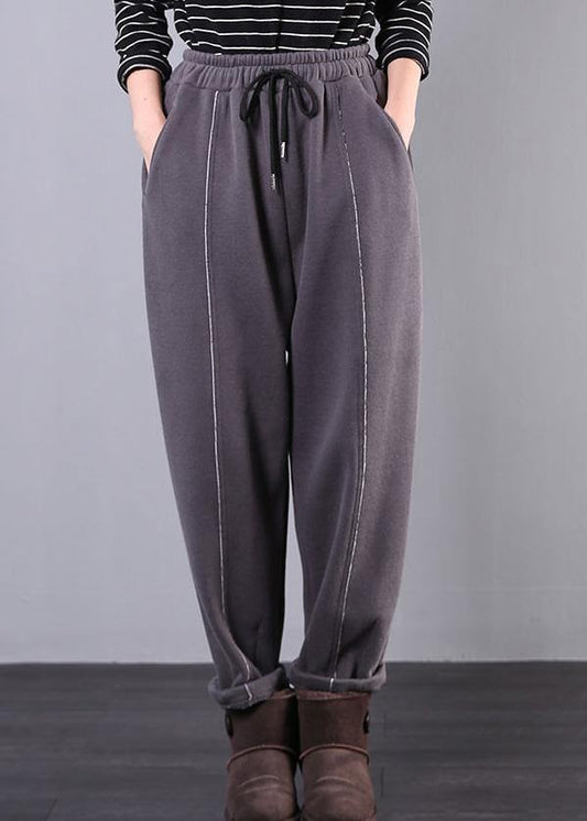 DIY gray trousers elastic waist drawstring pockets Outfits casual pants - SooLinen