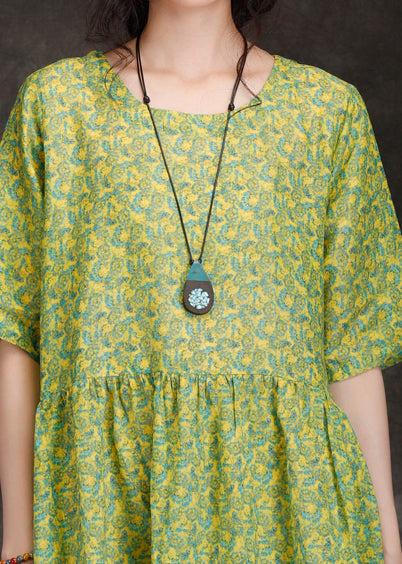 DIY grün bedruckte Leinenkleidung für Frauen, Freizeitarbeit, Patchwork, O-Ausschnitt, Kaftan, Sommerkleider