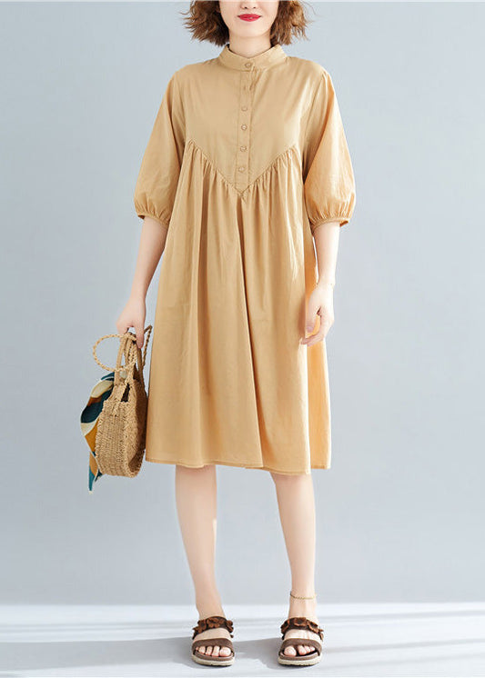 DIY khaki Baumwollhemden Bio-Fotografie Stehkragen lose Sommerkleider