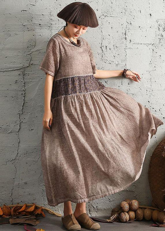 DIY khaki patchwork cotton linen clothes For Women short sleeve long summer Dress - SooLinen