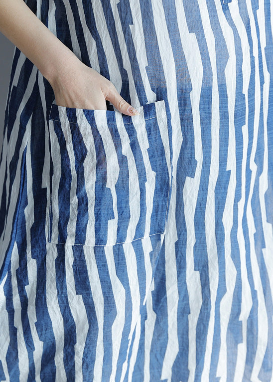 DIY Reverstaschen Baumwolltunika Taillierte Ärmel blau gestreift A-Linie Kleider Sommer