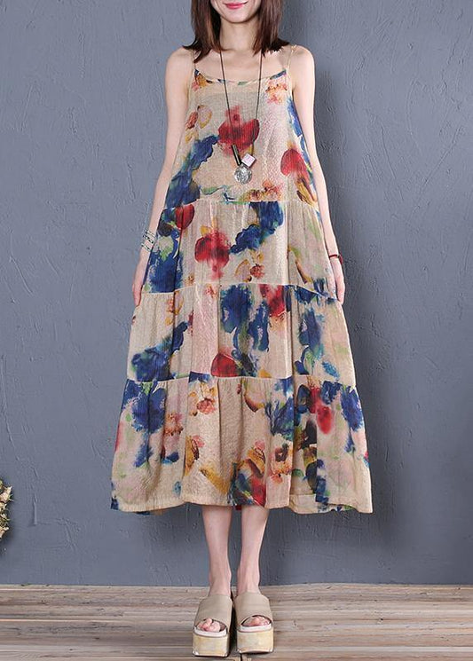 DIY navy print cotton dress Spaghetti Strap patchwork A Line summer Dress - SooLinen