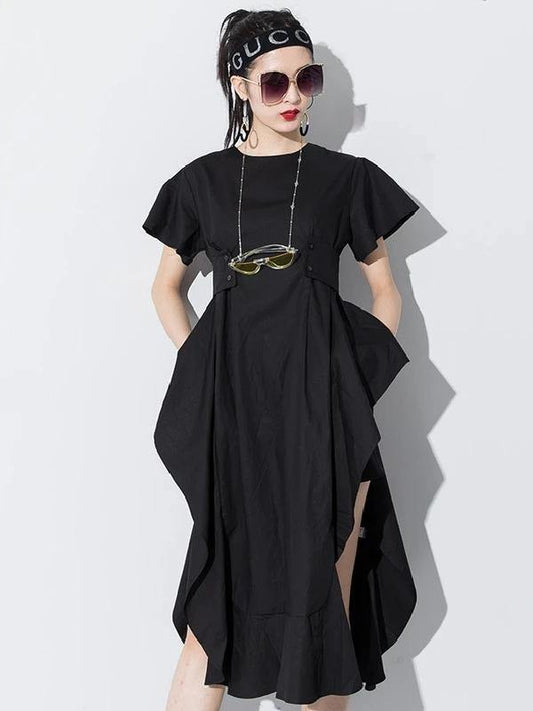 DIY o neck asymmetric Cotton summer dress Runway black Dress - SooLinen