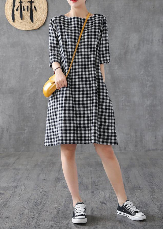 DIY o neck half sleeve cotton linen Wardrobes Outfits black plaid Dresses summer - SooLinen