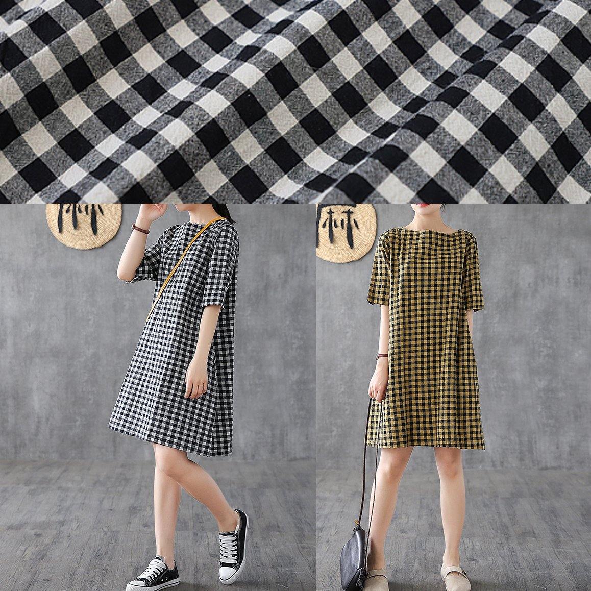 DIY o neck half sleeve cotton linen Wardrobes Outfits black plaid Dresses summer - SooLinen