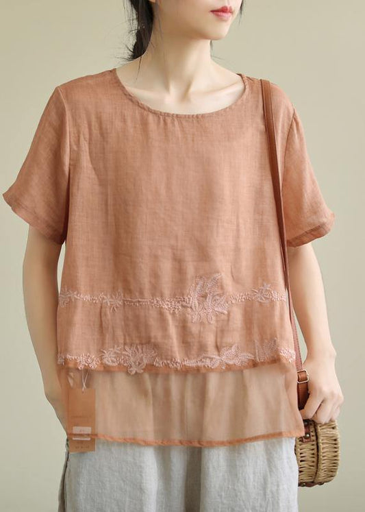 DIY o neck patchwork linen tunic top Tutorials orange embroidery blouses - SooLinen