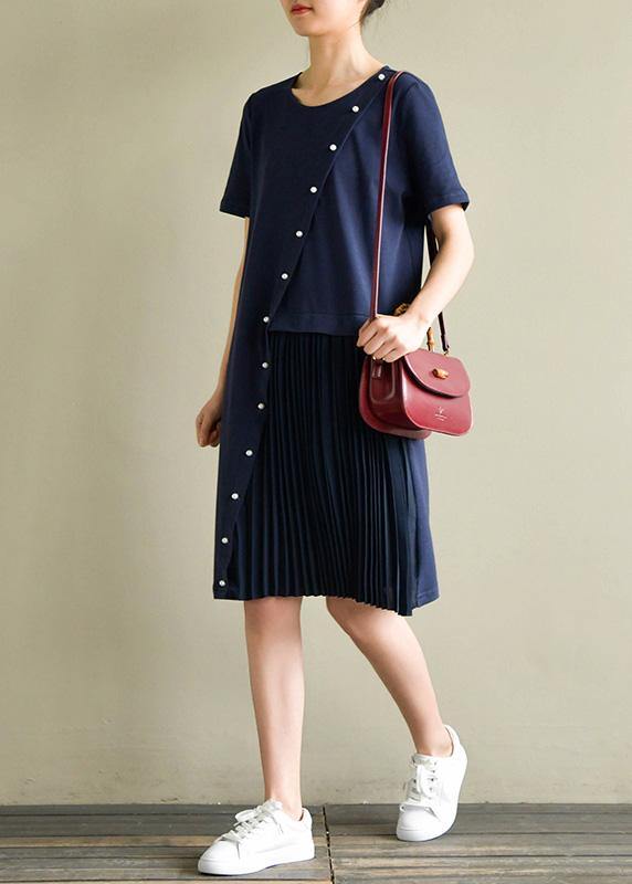 DIY o neck Cinched asymmetric Cotton Tunic Catwalk navy Dresses summer - SooLinen