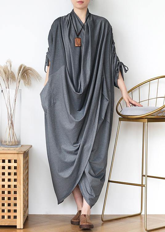 DIY v neck asymmetric cotton clothes Fabrics gray Maxi Dresses - SooLinen