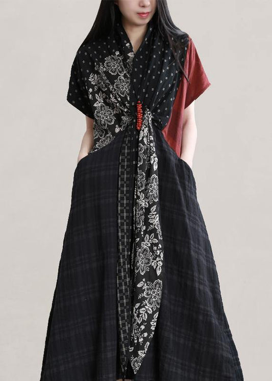 DIY v neck patchwork linen summer Robes Shirts black print Dress - SooLinen