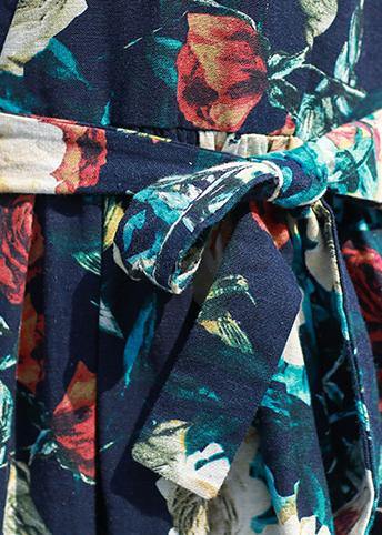 DIY v neck pockets cotton linen outfit Work Outfits navy print Dresses summer - SooLinen