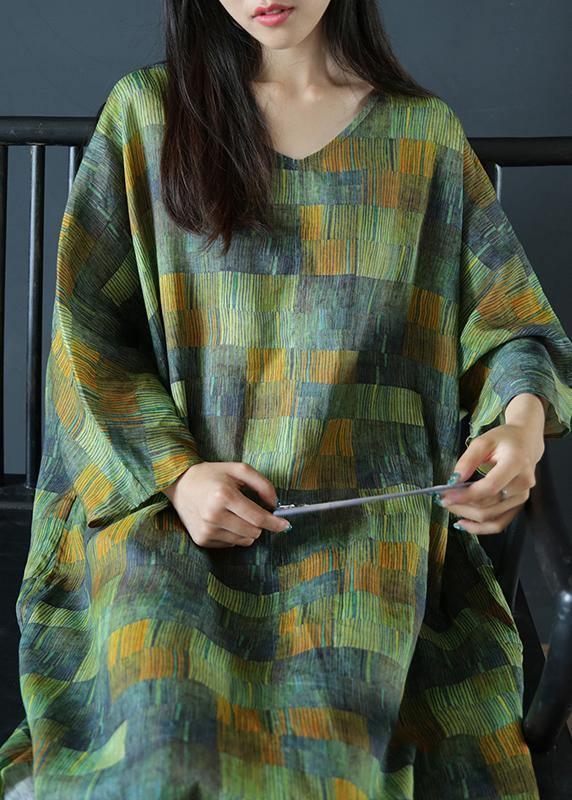 DIY v neck side open linen summer dresses Work Outfits green striped Dress - SooLinen