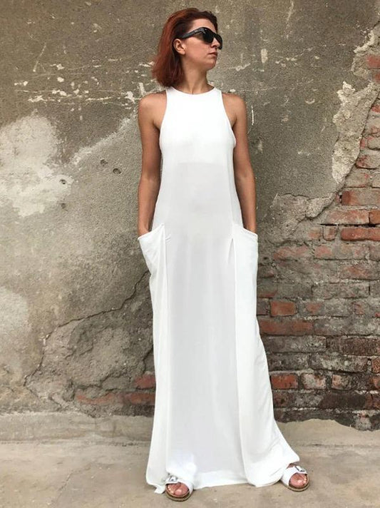 DIY white cotton clothes Women o neck A Line Dress - SooLinen