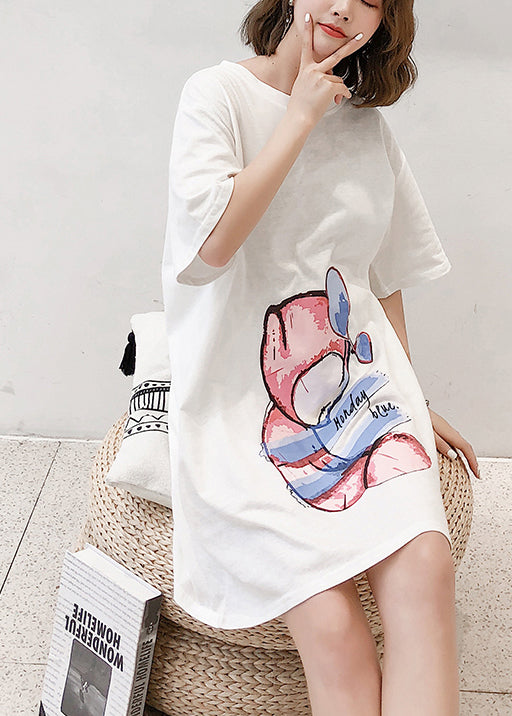 DIY weißes Baumwoll-Tunikakleid mit Aufdruck Omychic Tunika-Tops Kurzarm Midi-Sommerkleid