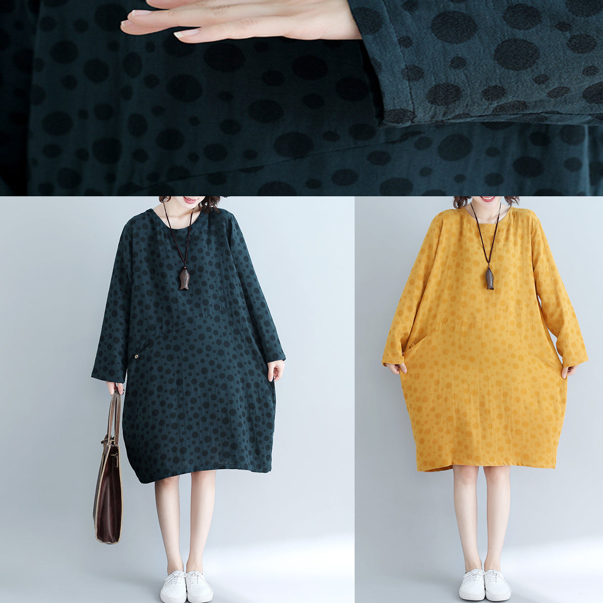 DIY gelb gepunktetes Baumwoll-Tunikakleid Lässiges Runway-Baumwollkleid mit Taschen