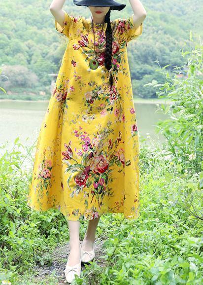 DIY yellow linen cotton outfit Boho Fabrics big hem cotton robes summer Dress - SooLinen