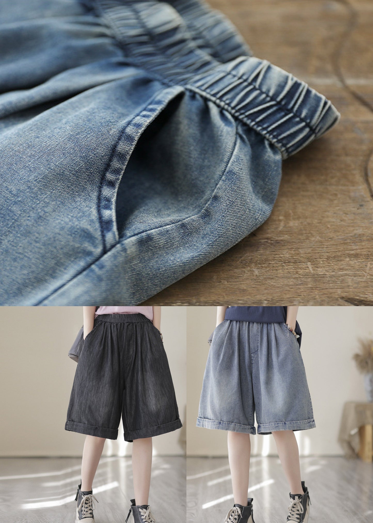 Dunkelblaue Sommer-Shorts aus Baumwoll-Jeans mit elastischer Taille