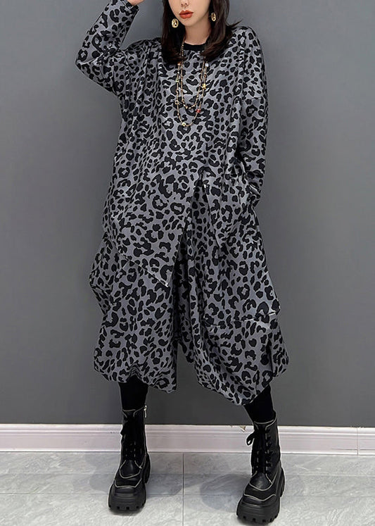 Dunkelgraues O-Ausschnitt-Oberteil mit asymmetrischem Print und Haremshose, zweiteiliges Set für den Herbst