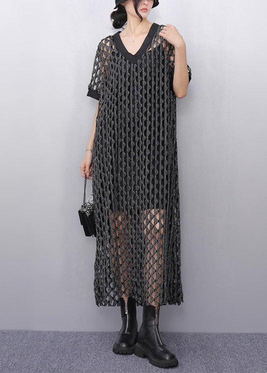 Dark Grey Hollow Out Long Dresses Short Sleeve