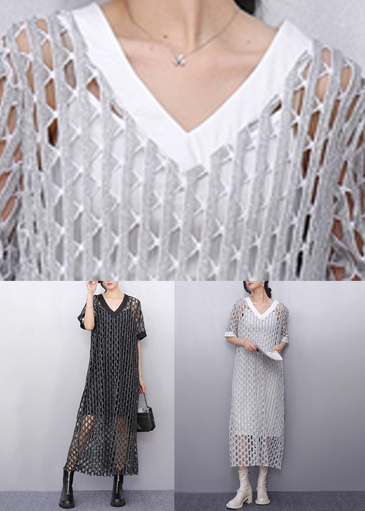 Dark Grey Hollow Out Long Dresses Short Sleeve