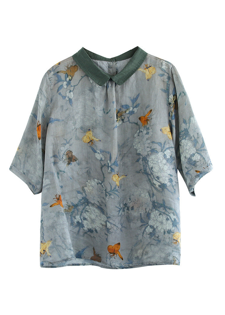 Top de lino estampado gris oscuro de manga corta