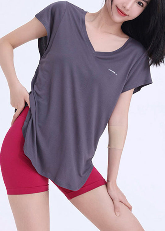 Dark Grey V Neck Solid Yoga Wrap Top