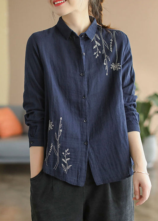 Denim Blue Fall Cotton Button Shirts Embroidered