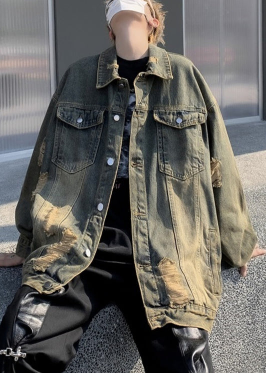 Denim Blue Hole Patchwork Men Men Coat Peter Pan Collar