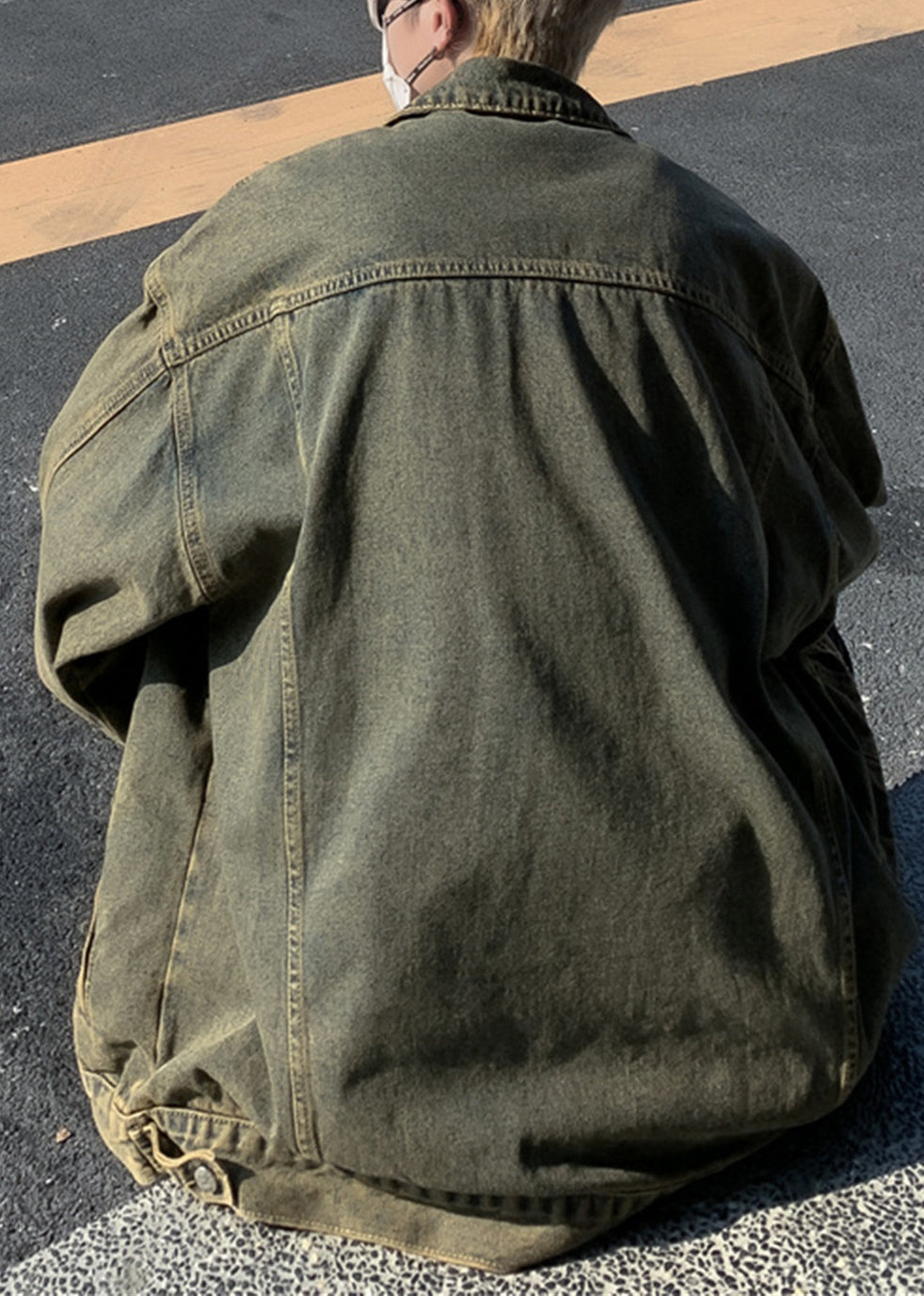 Denim Blue Hole Patchwork Men Men Coat Peter Pan Collar